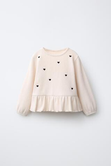 ZARA ФУТБОЛКА SOFT TOUCH С ВЫШИТЫМИ СЕРДЕЧКАМИ, ЭКРЮ МЕЛАНЖ