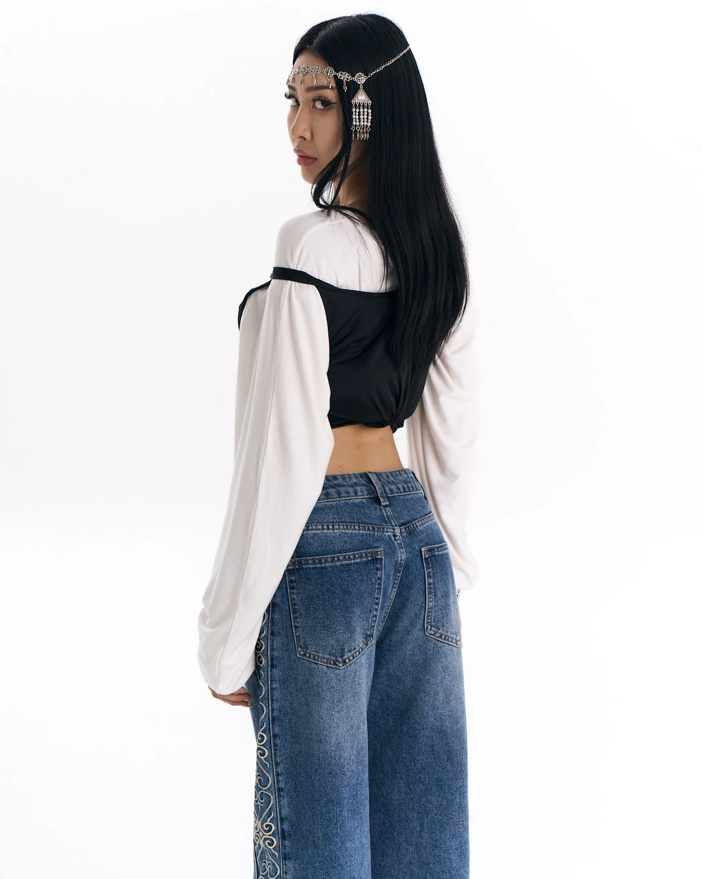 Medium Dark Blue Jeans with Side Embroidery and Stone Wash Effect