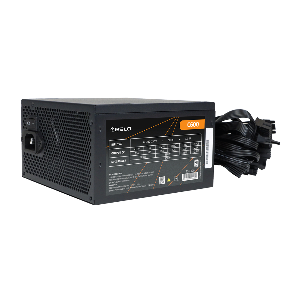 Блок питания ATX ТЕСЛА (TESLA) C600, 600W, 80+, Bulk, 1x4+4pin, 1x6+2PIN, 4xSATA, 2xMOLEX (TS-C600)