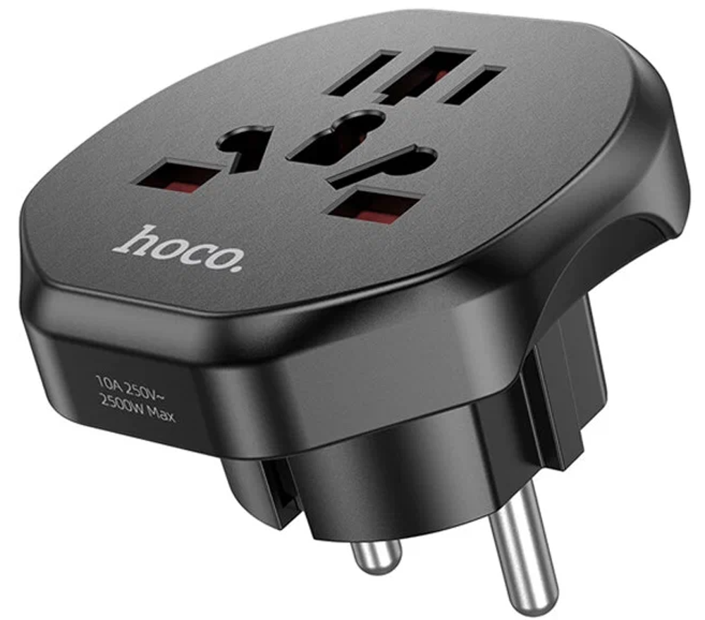 Сетевой переходник адаптер для евророзетки Hoco AC6 10А 250В черный