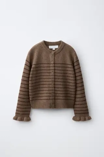 ZARA ТРИКОТАЖНЫЙ КАРДИГАН В ПОЛОСКУ С ОБОРКАМИ, РЫЖЕВАТО-КОРИЧНЕВЫЙ