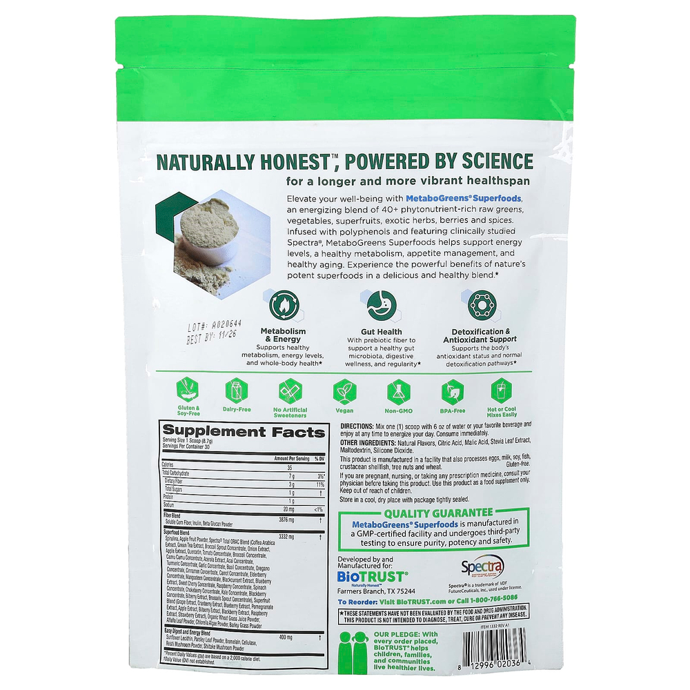 BioTRUST, Metabogreens® Superfoods, бодрящий ягодный вкус, 261 г (9,2 унции)
