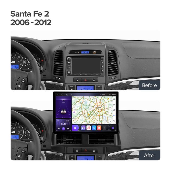 Магнитола для Hyundai Santa Fe 2 2006-2012 - Kuberg XD006/KP-13-464-S10 монитор 13" QLED+2K на Android 12, Быстрая, 4G SIM-слот, CarPlay