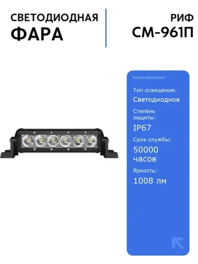 Светодиодная фара дальнего света РИФ 192 мм 18W LED с высокой яркостью 1008 лм, IP67, для автомобилей, долговечность 50000 часов