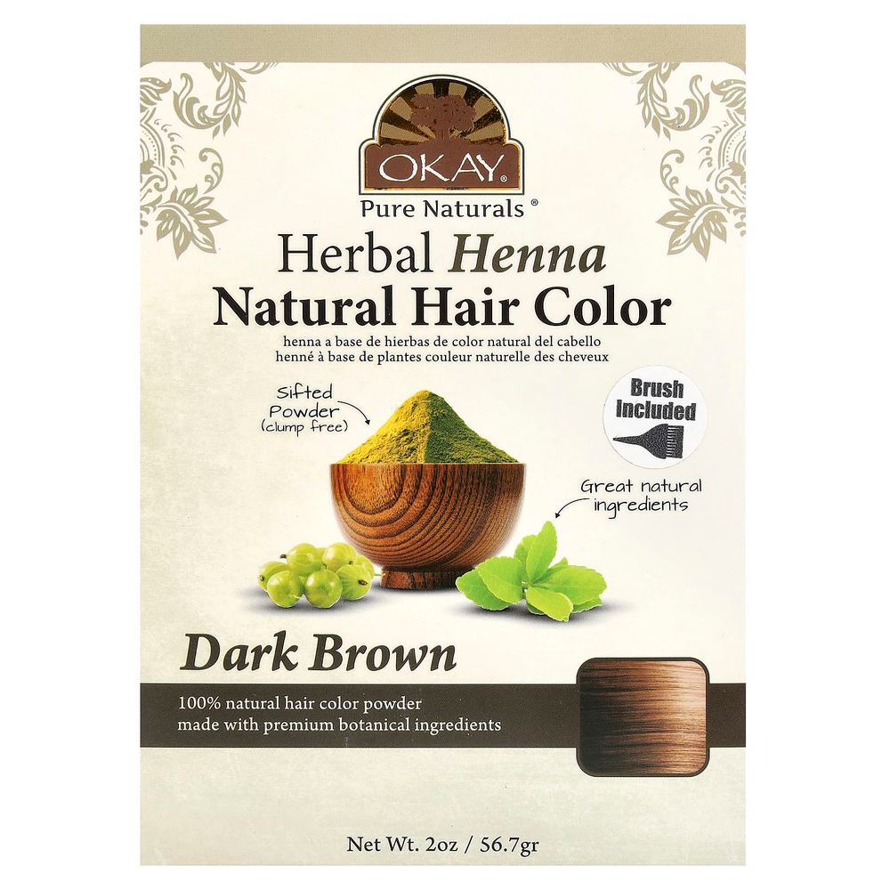 Okay Pure Naturals, травяная натуральная краска для волос хна, темно-коричневый, 56,7 г (2 унции)