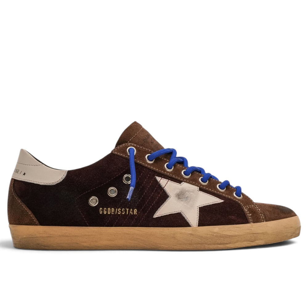 Men's Golden Goose Super-Star in Wine Suede with Blue Laces