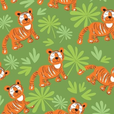 Тигры на зеленом фоне с тропическими листьями