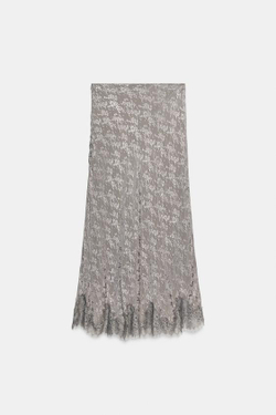 ZARA ЖАККАРДОВАЯ ЮБКА С КРУЖЕВОМ — ZW COLLECTION, СЕРЫЙ МЕЛАНЖ