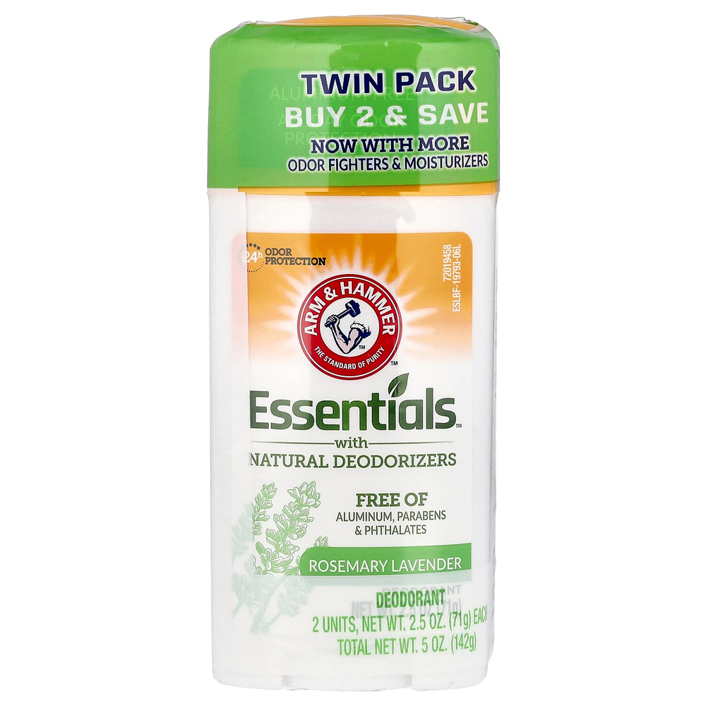 Arm & Hammer, Essentials™ с натуральными дезодорантами, дезодорант, розмарин и лаванда, 2 шт. в упаковке, 71 г (2,5 унции)