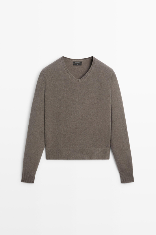 Massimo Dutti Свитер из 100% шерсти с V-образным вырезом, кротово-коричневый