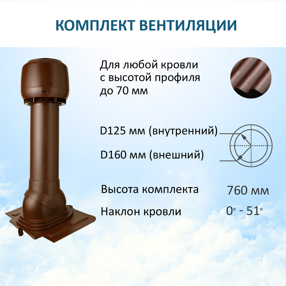 Комплект вентиляции: Вентиляционный выход изолированный D125/160 утепленный высота H=700 мм, проходной элемент универсальный кровельный (Universal), колпак вентиляционный D160 мм, коричневый