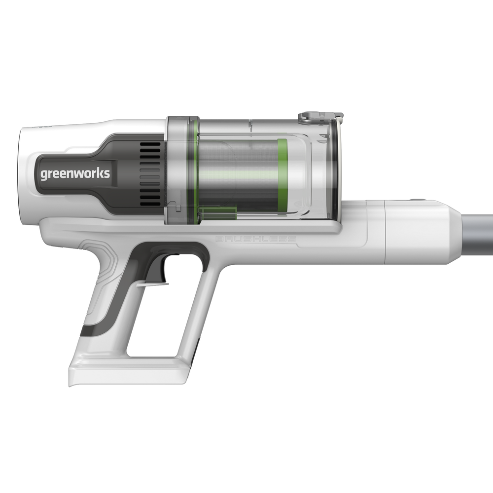 Пылесос вертикальный акк. Greenworks SV24360, 24V, б/щет, 250 Вт, 17 кПа, электрощетка, 2 насадки, LED, белый+серебро, без АКБ (4702107)