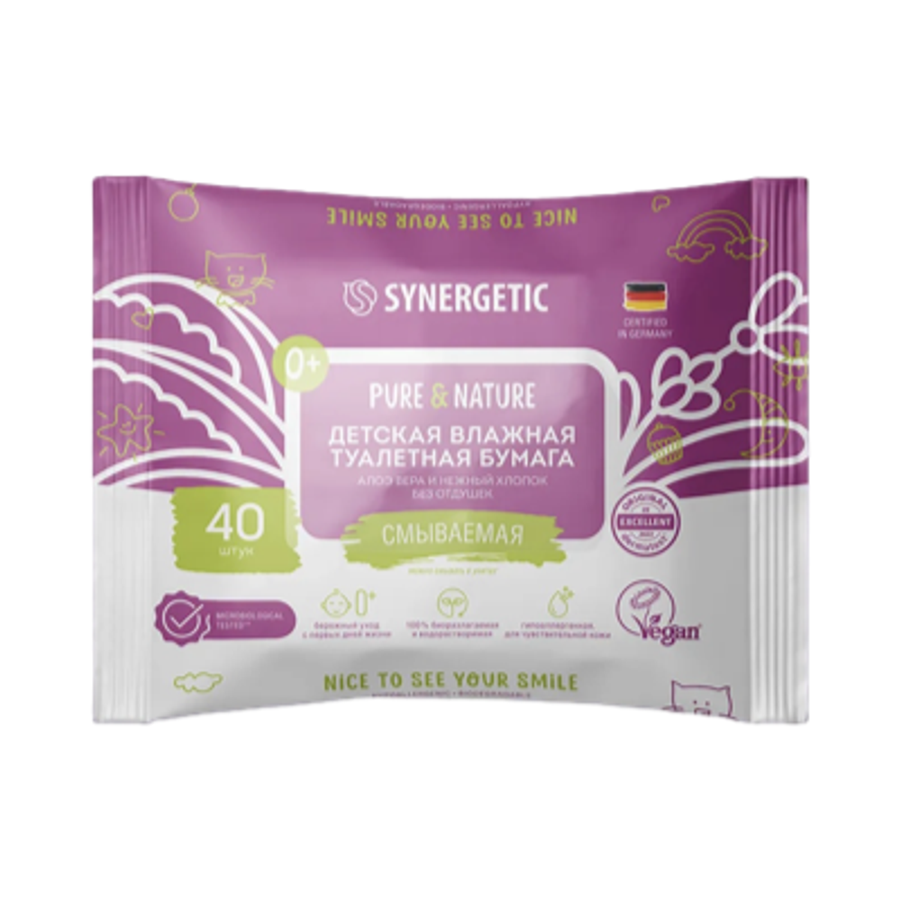 Synergetic Детская влажная туалетная бумага Pure&Nature Алоэ Вера и Нежный хлопок