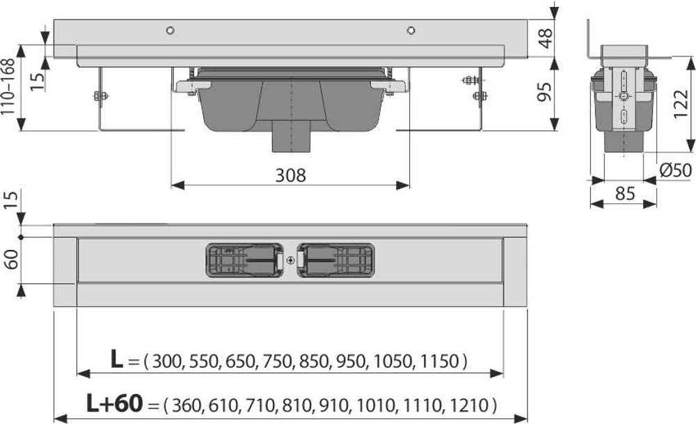APZ1016 WALL-1050 Водоотводящий желоб с порогами для цельной решетки, вертикальный сток