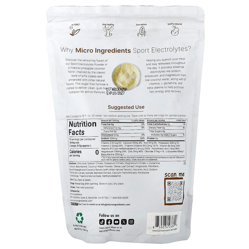 Micro Ingredients, Sport Электролиты в порошке, пина колада, 907 г (2 фунта)