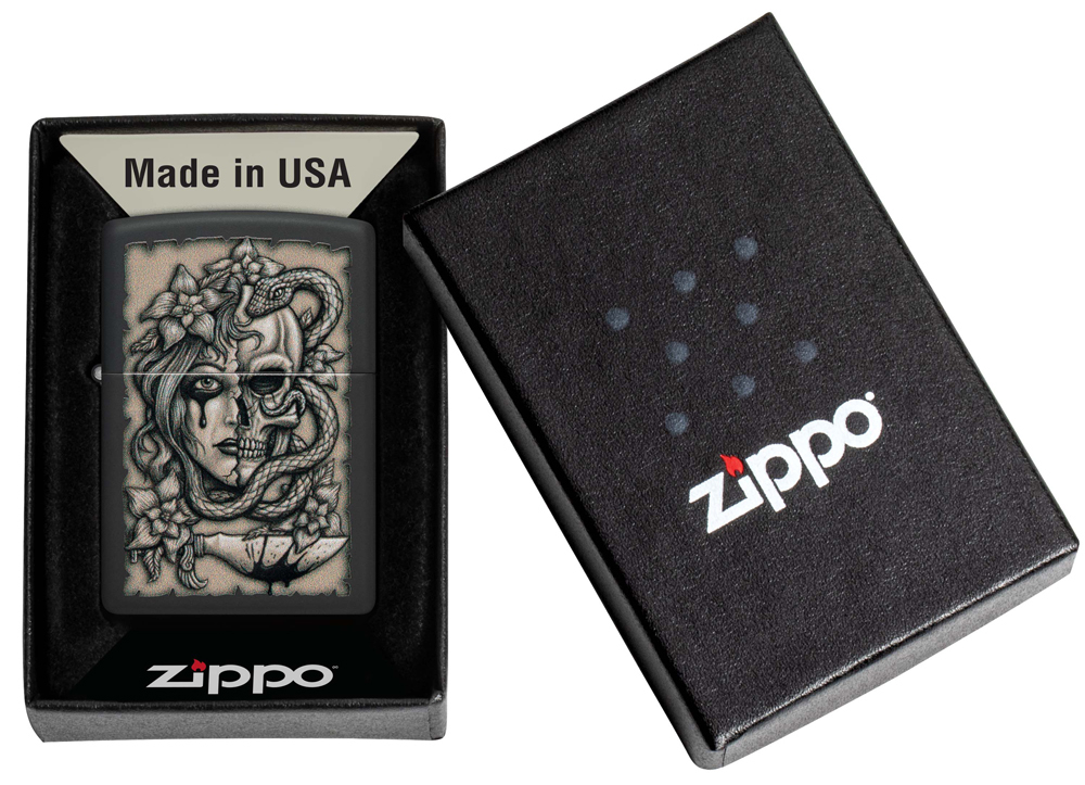 Зажигалка Zippo Gory Tattoo с покрытием Black Matte, латунь/сталь, черная, матовая, 38x13x57 мм