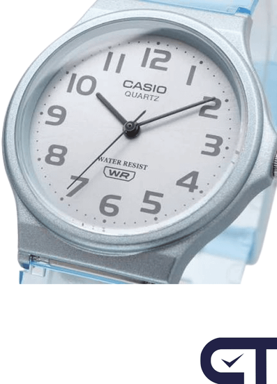 CASIO MQ-24S-2B — классические аналоговые часы в прозрачном голубом корпусе