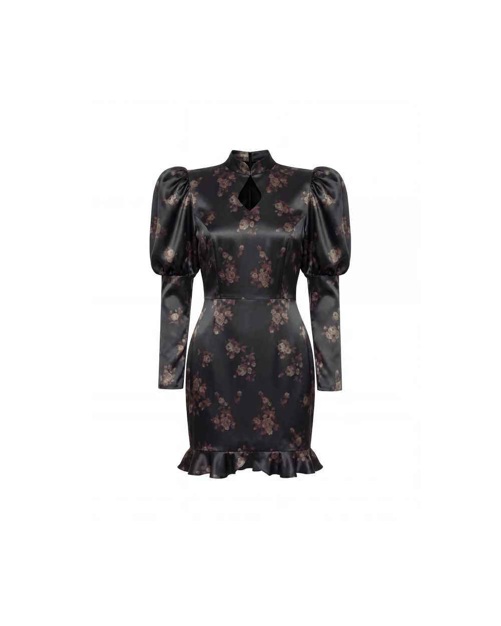 Джианетта мини (Giannetta mini), платье мини из черного атласа с коричневыми цветами