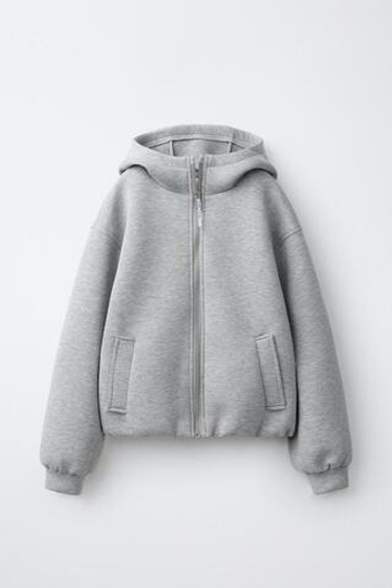ZARA КУРТКА ИЗ НЕОПРЕНА С КАПЮШОНОМ, СЕРЫЙ МЕЛАНЖ