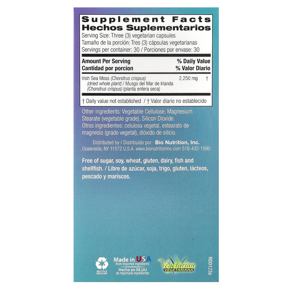 Bio Nutrition, ирландский морской мох, 90 вегетарианских капсул (750 мг в одной капсуле)