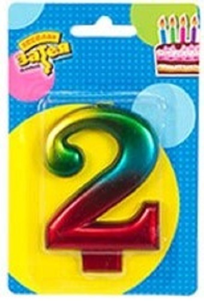Свеча -цифра "2" Радуга металлик 8см/V