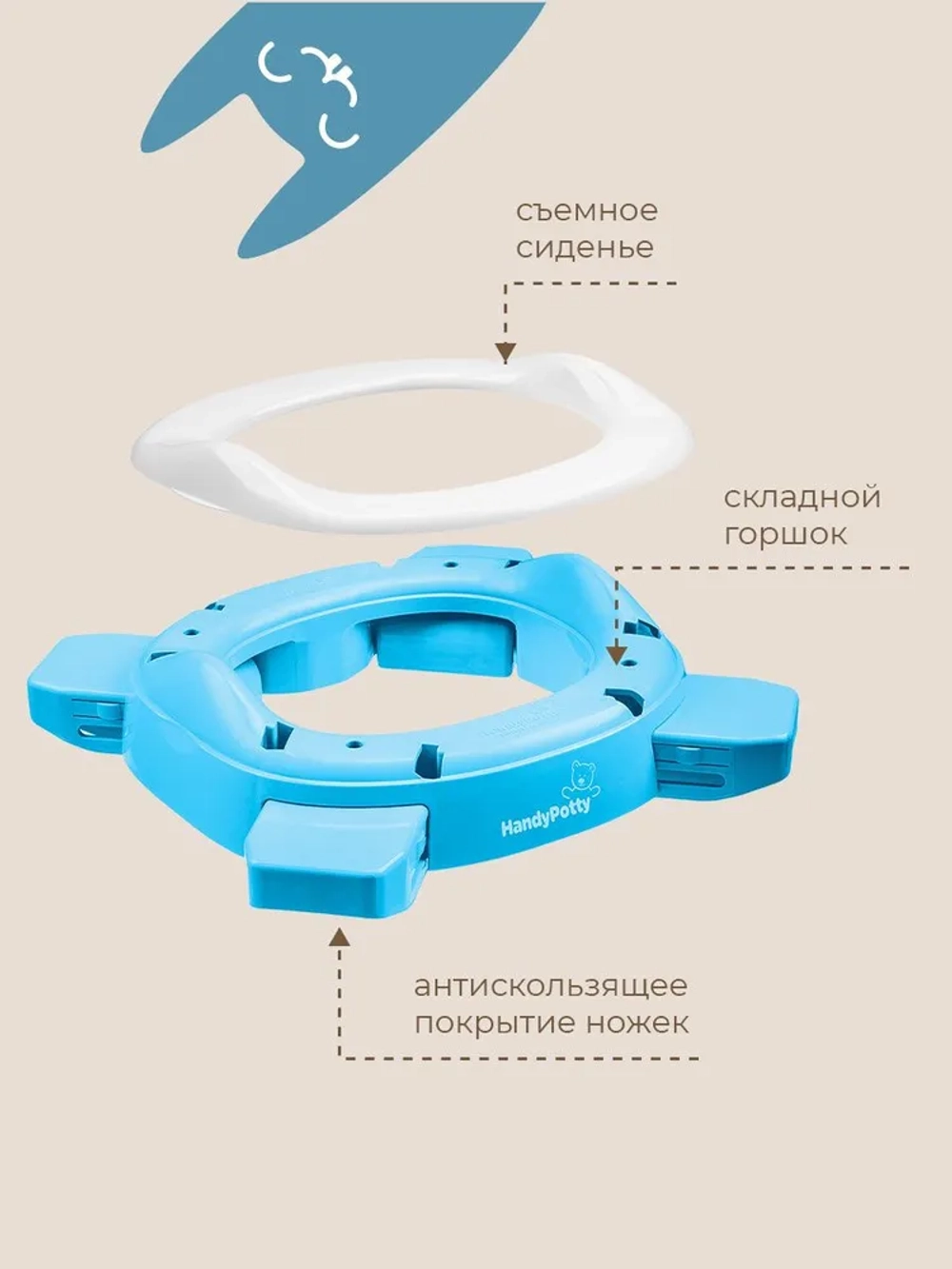 ROXY-KIDS Горшок детский складной дорожный 2 в 1 HandyPotty с накладкой на унитаз для детей и 3 сменными пакетами / Маленький переносной горшок для путешествий, цвет голубой