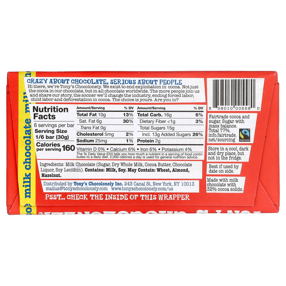 Tony's Chocolonely, молочный шоколад, 180 г (6,35 унции)