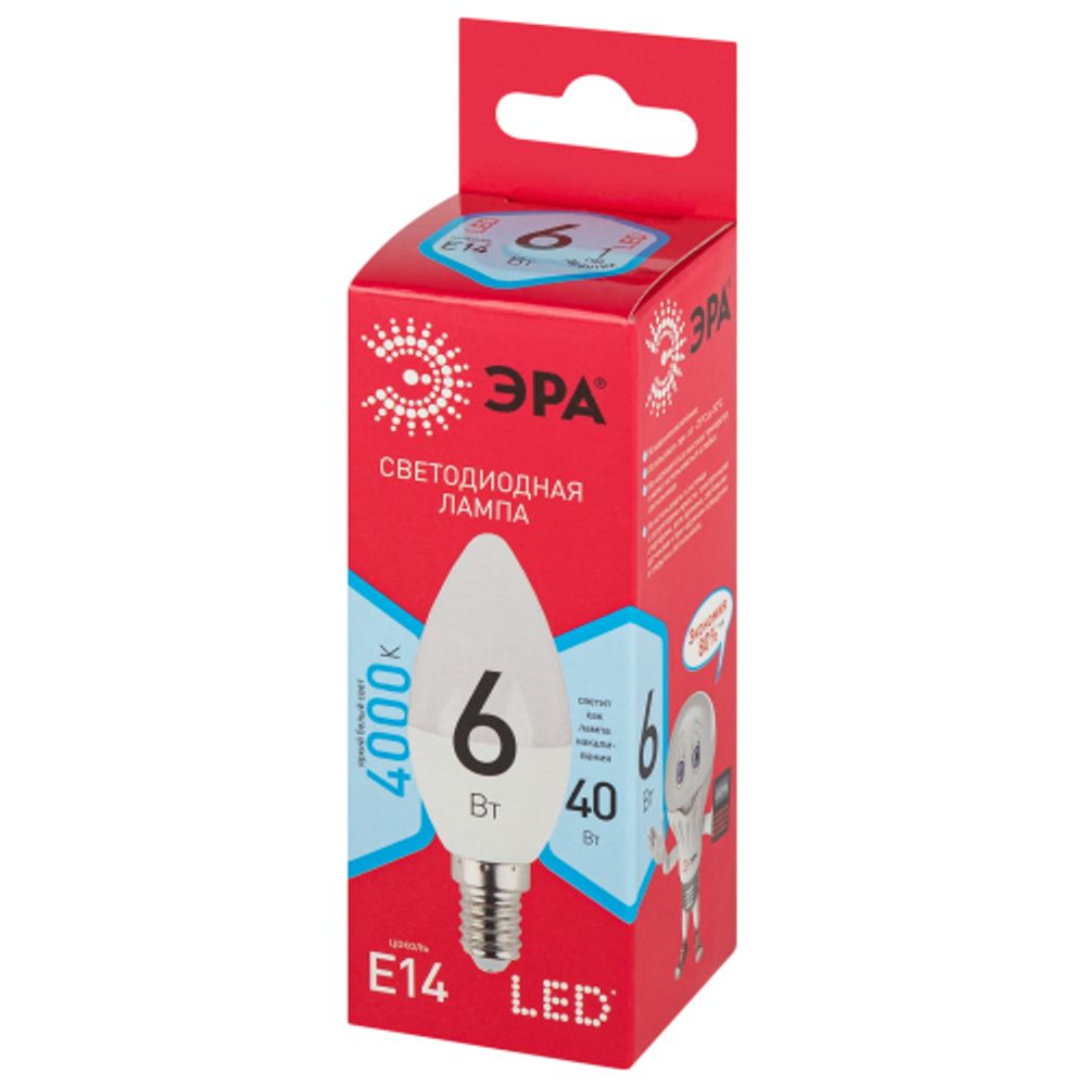 Лампа светодиодная ЭРА RED LINE LED B35-6W-840-E14 R 6Вт свеча нейтральный белый свет Е14 | Лампы cветодиодные Свеча (B/C)