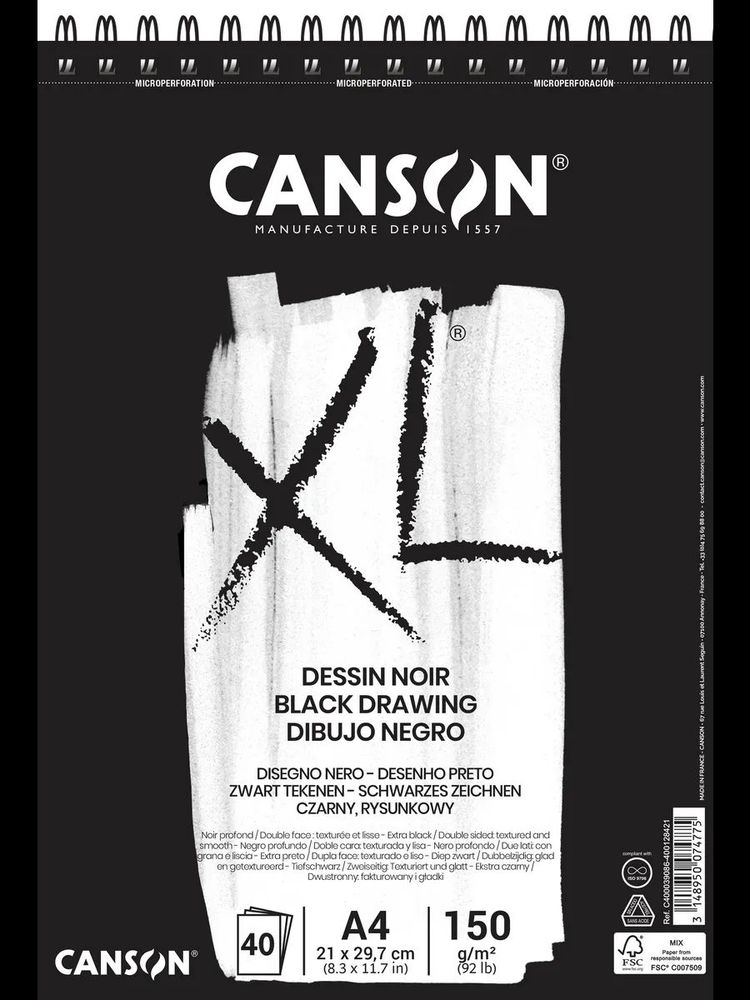 Альбом для графики XL Black Dessin 150 г/м², A4 21х42 см, на спирали 40 л., Canson, C400039086 Альбом для графики XL Black Dessin 150 г/м², A4 21х42 см, на спирали 40 л., Canson, C400039086