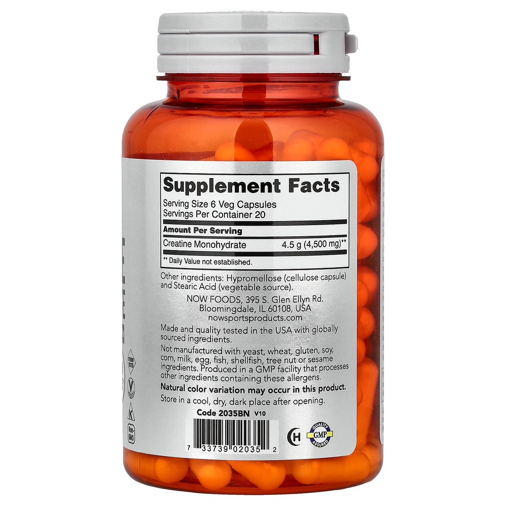 NOW Foods, Sports, моногидрат креатина, 120 веганских капсул (0,75 г в 1 капсуле)