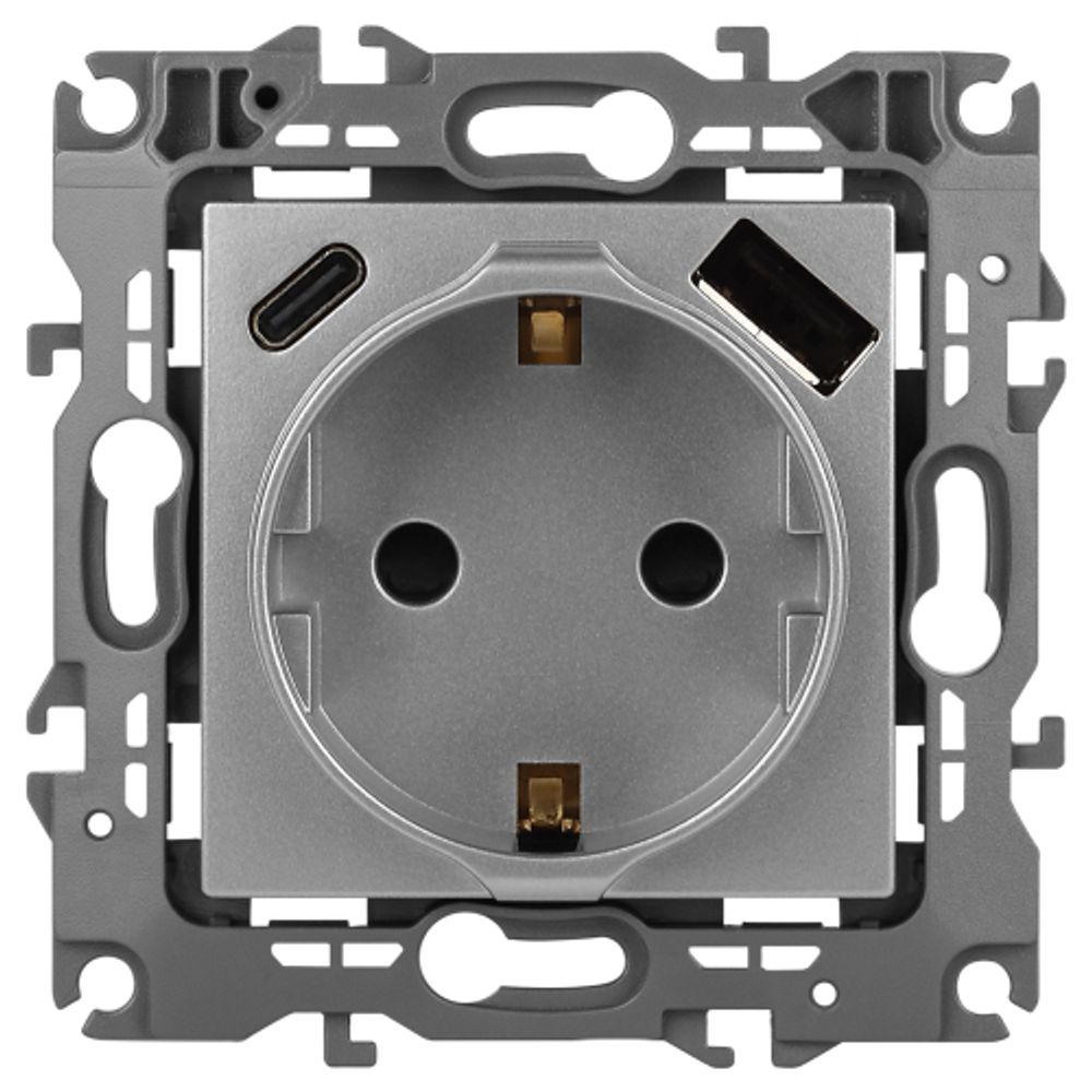 Розетка ЭРА Серия 12 12-4108-03 2P+E 16A-250В со шторками с USB type-A+C 5В-3А алюминий | Эра 12