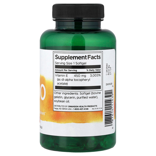 Swanson Vitamins, витамин E-1000, 450 мг (1000 МЕ), 60 мягких таблеток