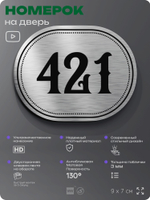 Номерок на дверь квартиры 421, для кабинета, офиса, шильдик 9 х 7 см, брашированная сталь, Айдентика Технолоджи