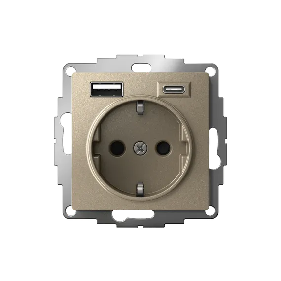 Розетка с USB A+C с заземлением и защитными шторками Systeme Electric AtlasDesign Шампань ATN000532