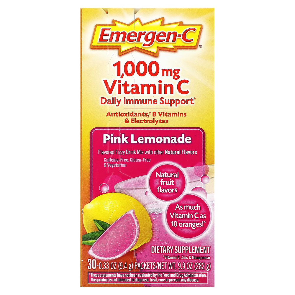 Emergen-C, Витамин C, смесь ароматизированных газированных напитков, розовый лимонад, 1000 мг, 30 пакетиков по 9,4 г (0,33 унции)