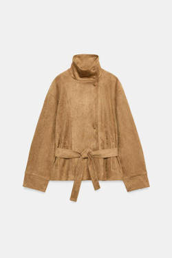 ZARA КУРТКА ИЗ ИСКУССТВЕННОЙ ЗАМШИ С ПОЯСОМ, ТЕМНЫЙ БЕЖЕВО-КОРИЧНЕВЫЙ