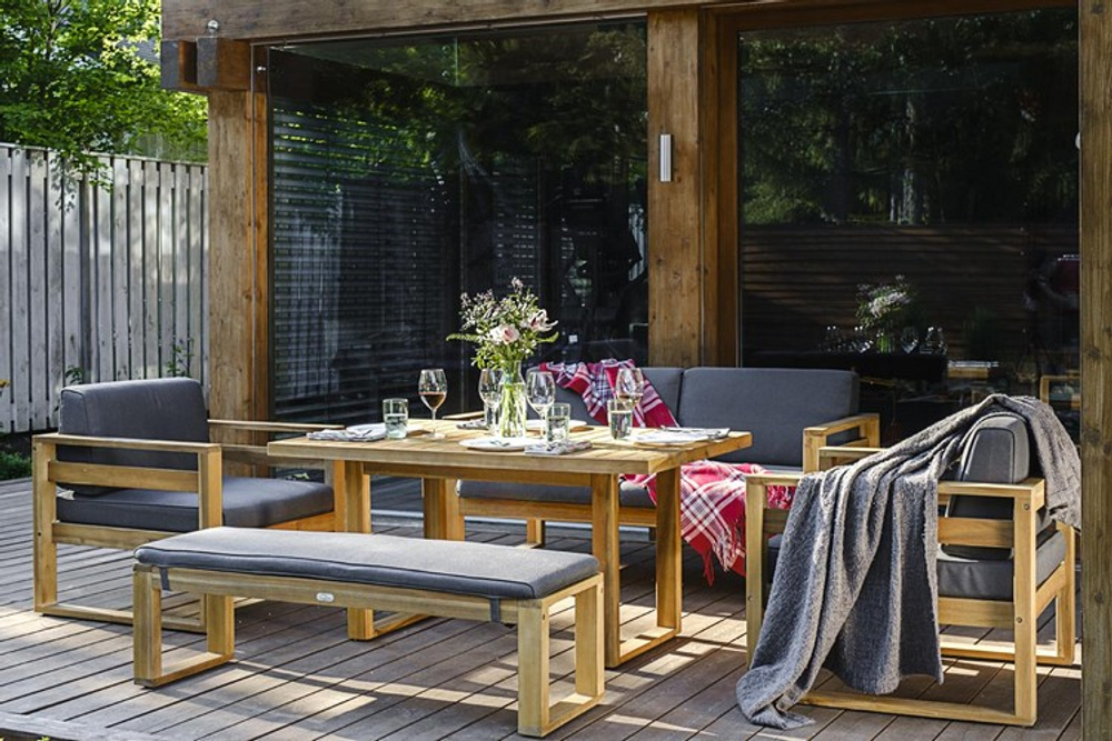 Диванный комплект из акации Joygarden БУКА с обеденным столом, Natural Teak, серый