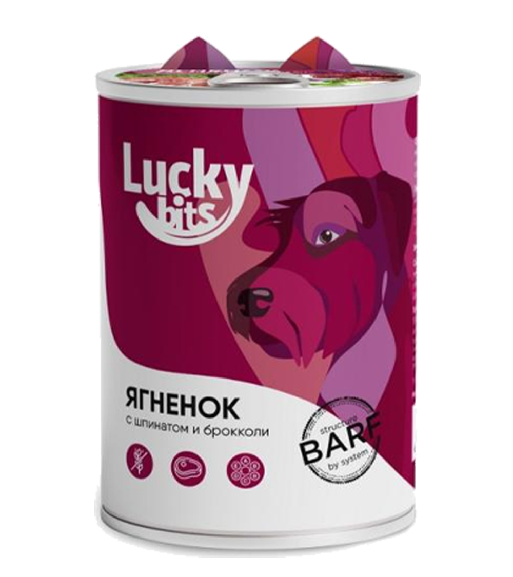 Lucky bits консервы для собак всех пород ягненок с брокколи и шпинатом, 400гр.