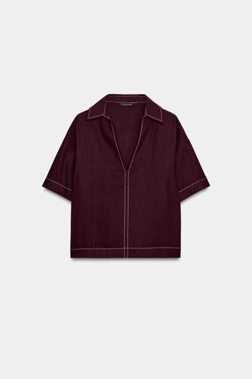 ZARA ТОП ИЗ ЛЬНА С КОНТРАСТНОЙ ОТДЕЛКОЙ, БУРГУНДИ