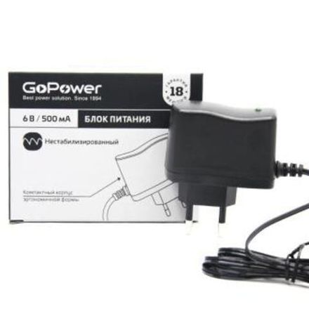 Блок питания GoPower 500mA 6V 5,5x2,5/12мм нестабилизированный положительная полярность (1/100)