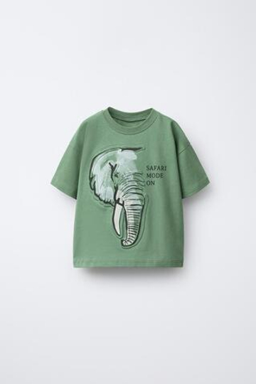 ZARA ФУТБОЛКА С АНИМАЛИСТИЧНЫМ РЕЛЬЕФНЫМ ПРИНТОМ, МЯГКИЙ ЗЕЛЕНЫЙ