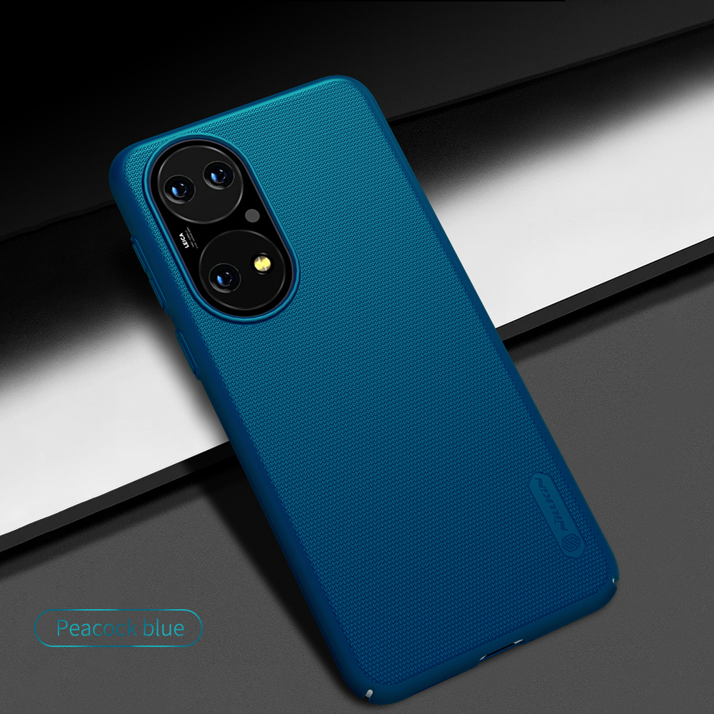 Тонкий жесткий чехол синего цвета (Peacock Blue) от Nillkin для Huawei P50 и P50E, серия Super Frosted Shield