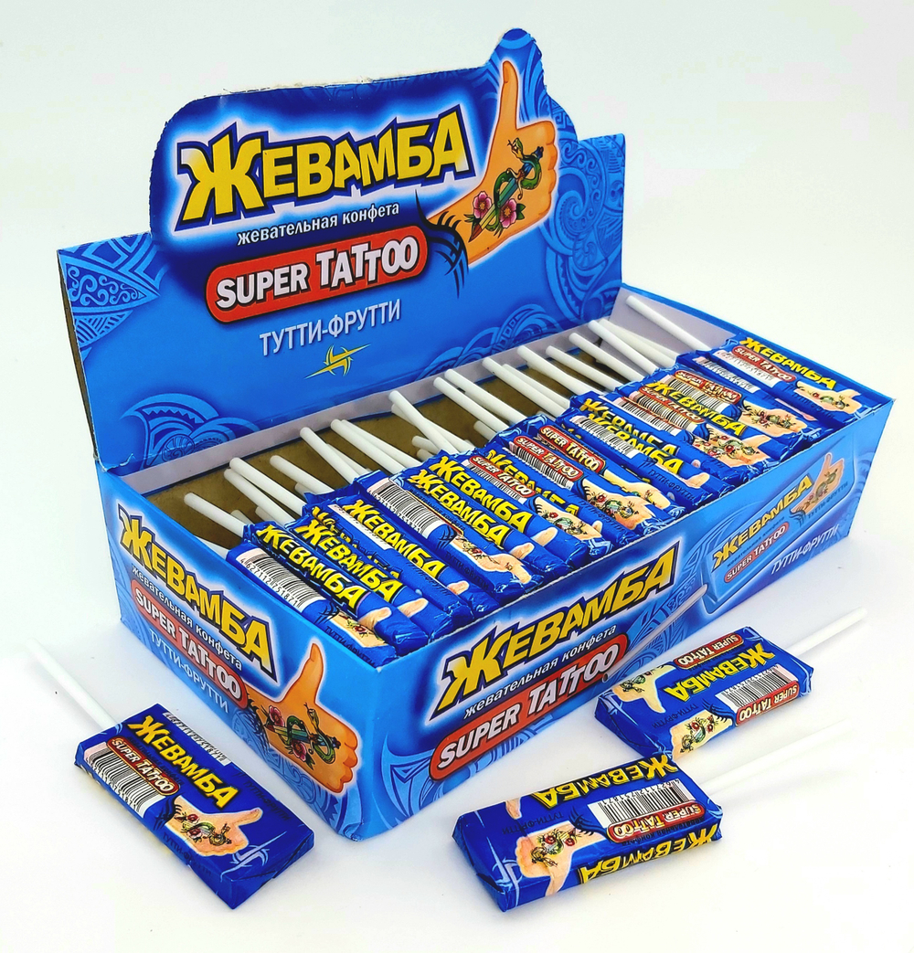 Жевательная конфета "Жевамба SUPER TATTOO" тутти-фрутти 10гр*50шт*12 блоков