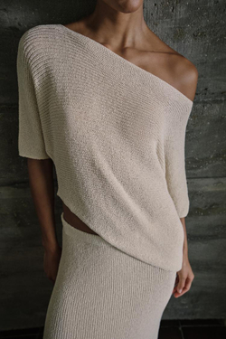 ZARA ТРИКОТАЖНЫЙ ТОП АСИММЕТРИЧНОГО КРОЯ, ПЕСОЧНЫЙ