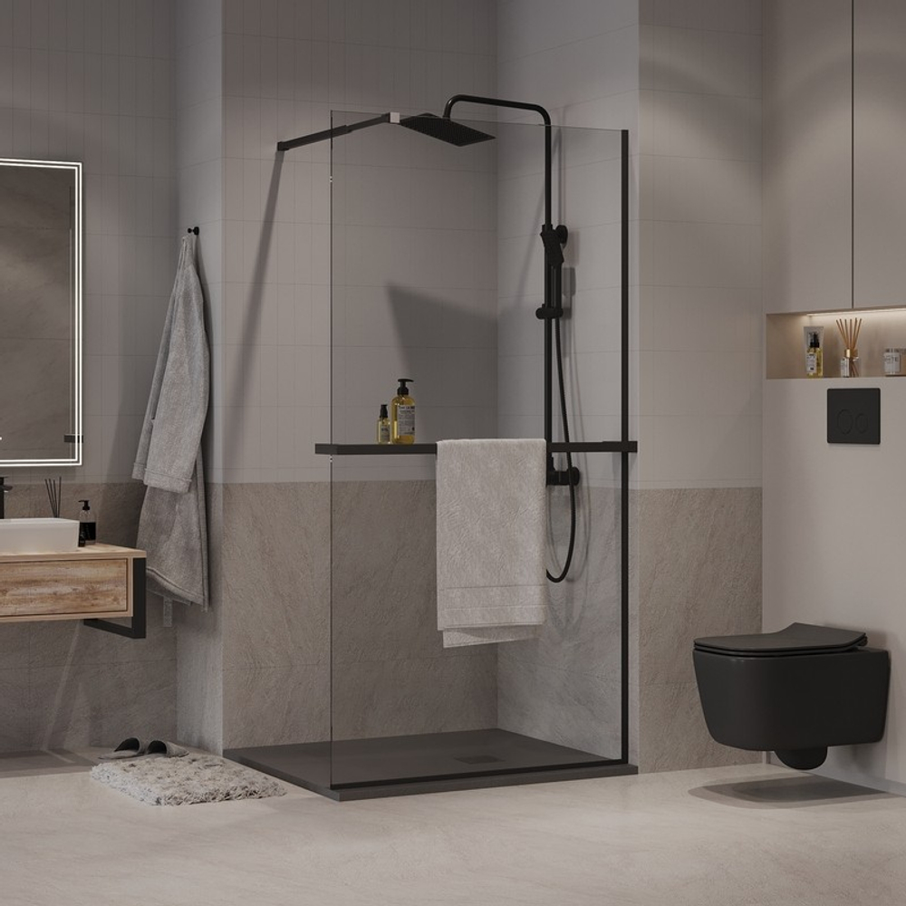 Душевая перегородка Niagara Nova NG-670-90ВLACK (90х195) черный матовый,стекло прозрачное,с полкой,1 место