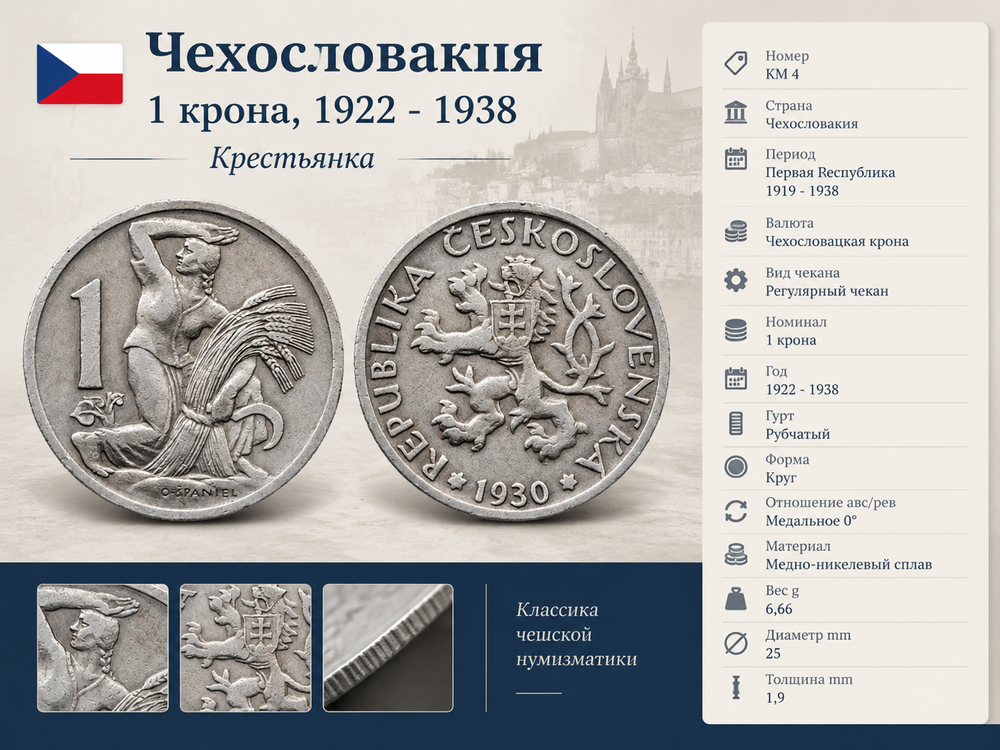 Чехословакия 1 крона, 1930 Крестьянка XF