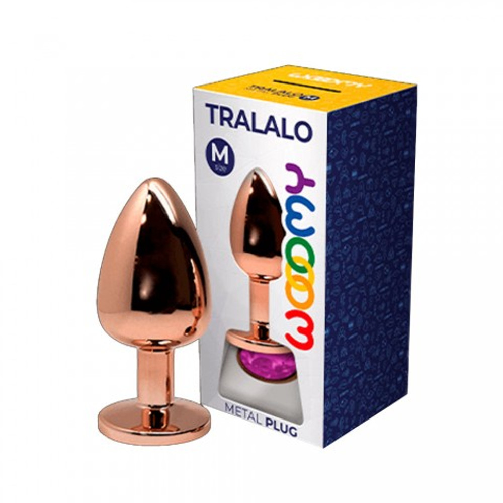 Анальная пробка металлическая Tralalo золотая с розовым кристаллом от WOOOMY (8*3,4 см.)