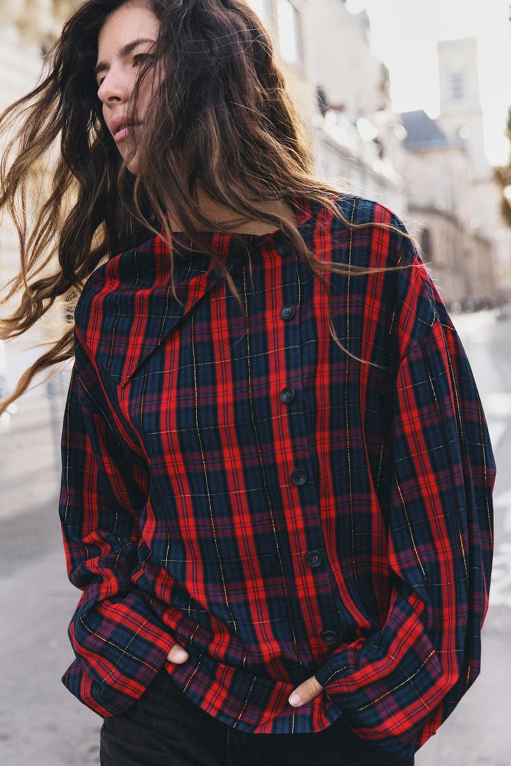 ZARA РУБАШКА В КЛЕТКУ С БЛЕСТЯЩЕЙ НИТЬЮ, КРАСНЫЙ/ТЕМНО-СИНИЙ