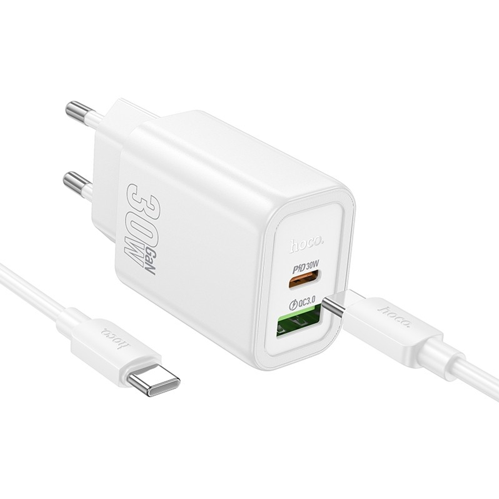 Сетевое зар. устр. Hoco N63 с шнуром Type-C на Type-C 1USB/1С PD/QC3.0 3A 30W белое