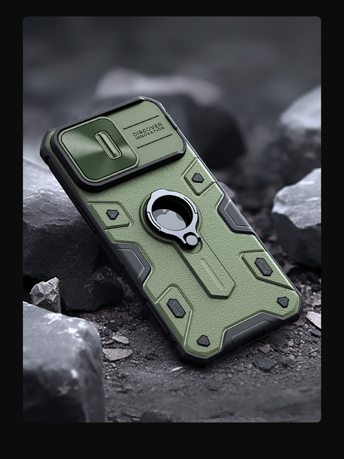Чехол противоударный зеленого цвета для смартфона iPhone 15 Pro Max, серия CamShield Armor (версия с отверстием под лого) от Nillkin